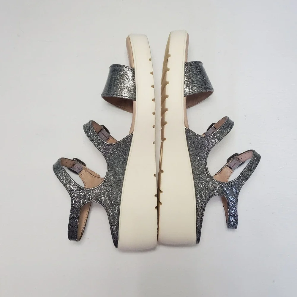 Johnston & Murphy Women Metallic Silver Wedge Platform Sandal Buckle Ankle Strap